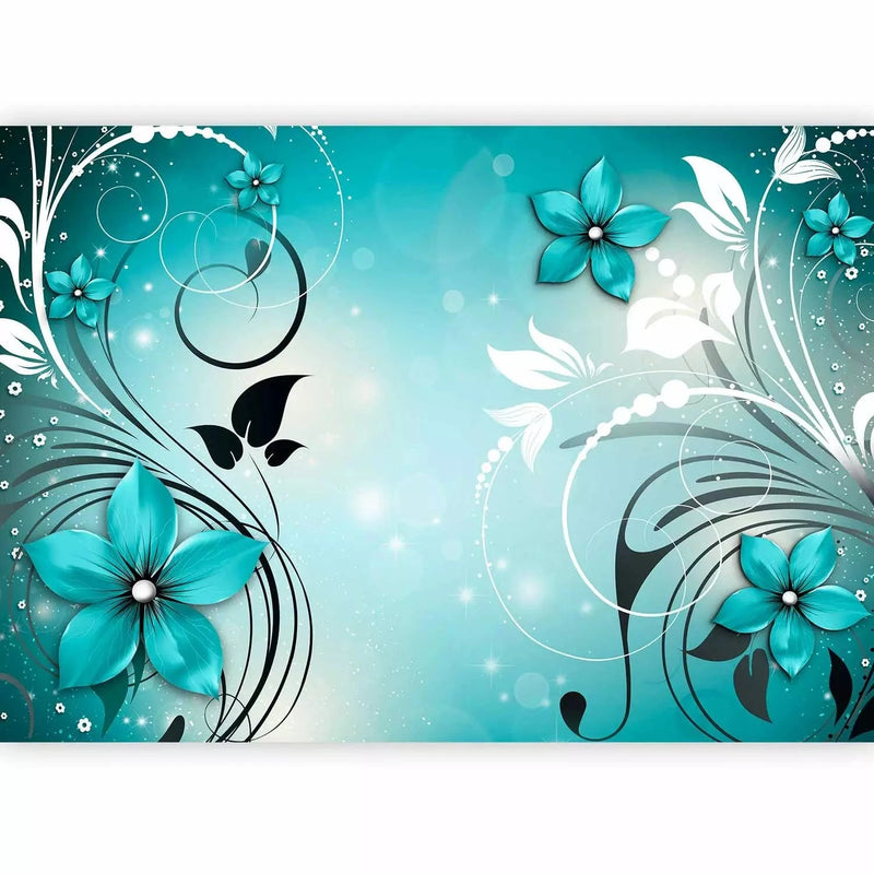 Wall Murals with floral motifs in turquoise color - unscented G-ART