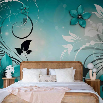 Wall Murals with floral motifs in turquoise color - unscented G-ART