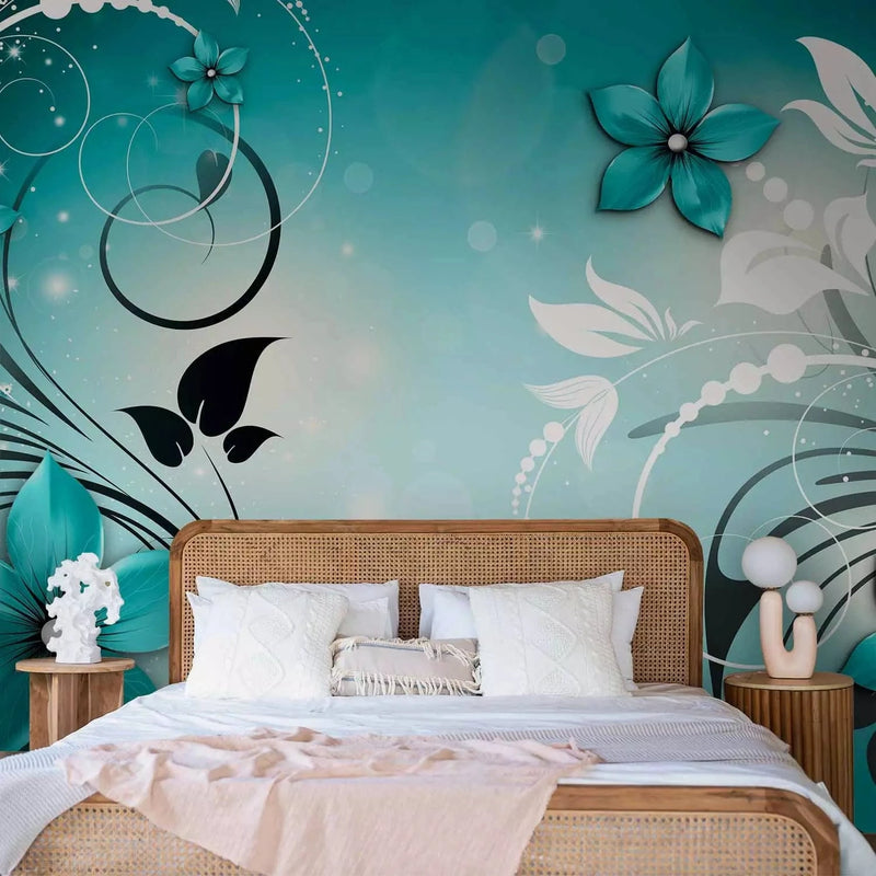 Wall Murals with floral motifs in turquoise color - unscented G-ART