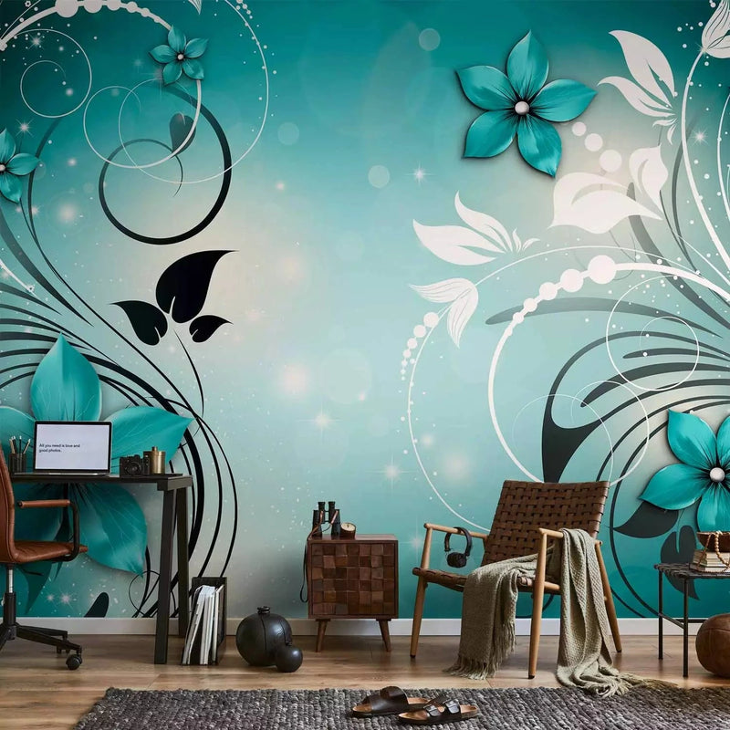 Wall Murals with floral motifs in turquoise color - unscented G-ART