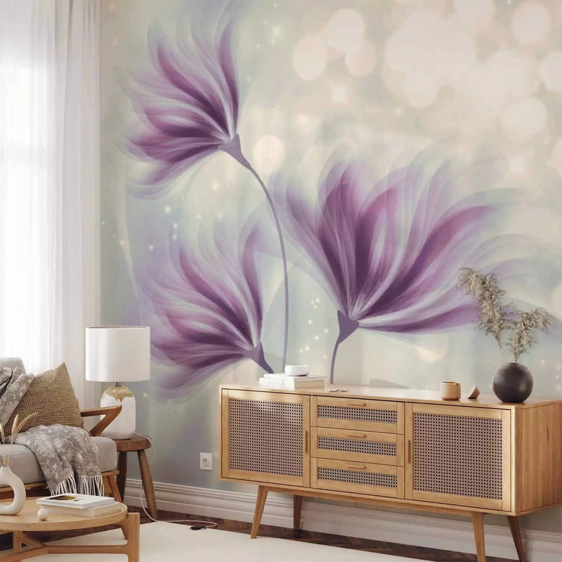 Wall Murals with flowers for the bedroom. In purple and gray tones.G-ART