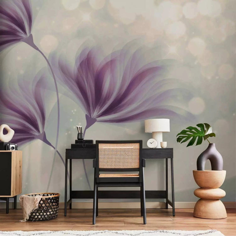 Wall Murals with flowers for the bedroom. In purple and gray tones.G-ART