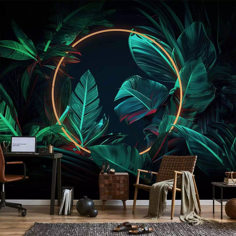 Wall Murals with jungle - tropical leaves with neon gold circle, 150665 g -art