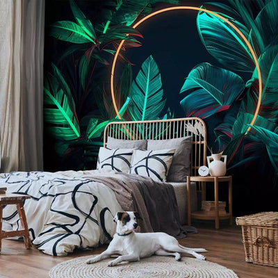 Wall Murals with jungle - tropical leaves with neon gold circle, 150665 g -art