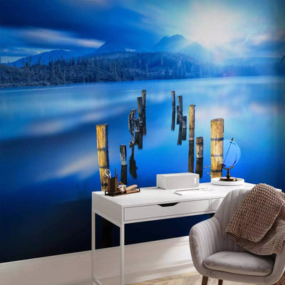 Wall Murals - landscape with lake, forest and mountains in sunlight, 59736G-ART