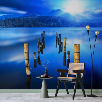 Wall Murals - landscape with lake, forest and mountains in sunlight, 59736G-ART