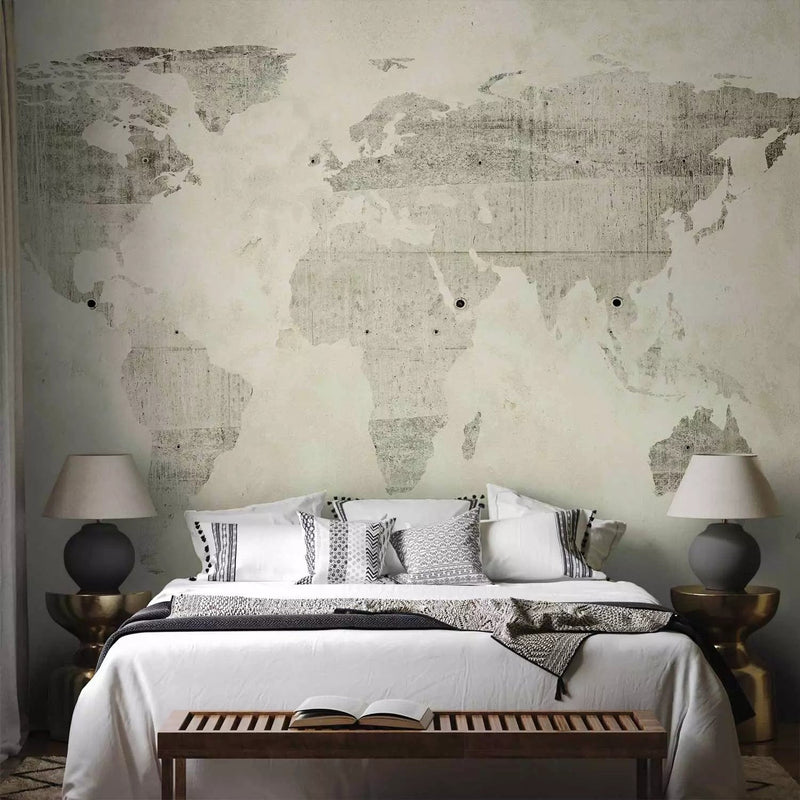 Wall Murals with world map on concrete greenish grey, 60110G-ART