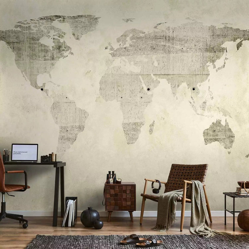 Wall Murals with world map on concrete greenish grey, 60110G-ART