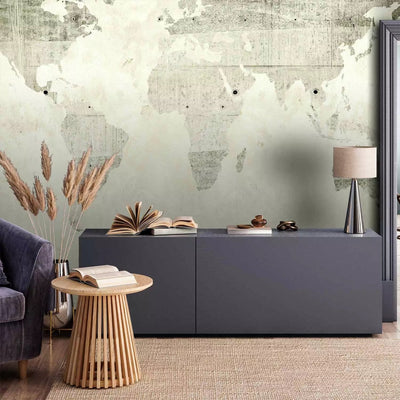 Wall Murals with world map on concrete greenish grey, 60110G-ART