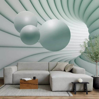 3D Wall Murals - Mint tunnel of lights with three spheres, 3D illusion G-ART