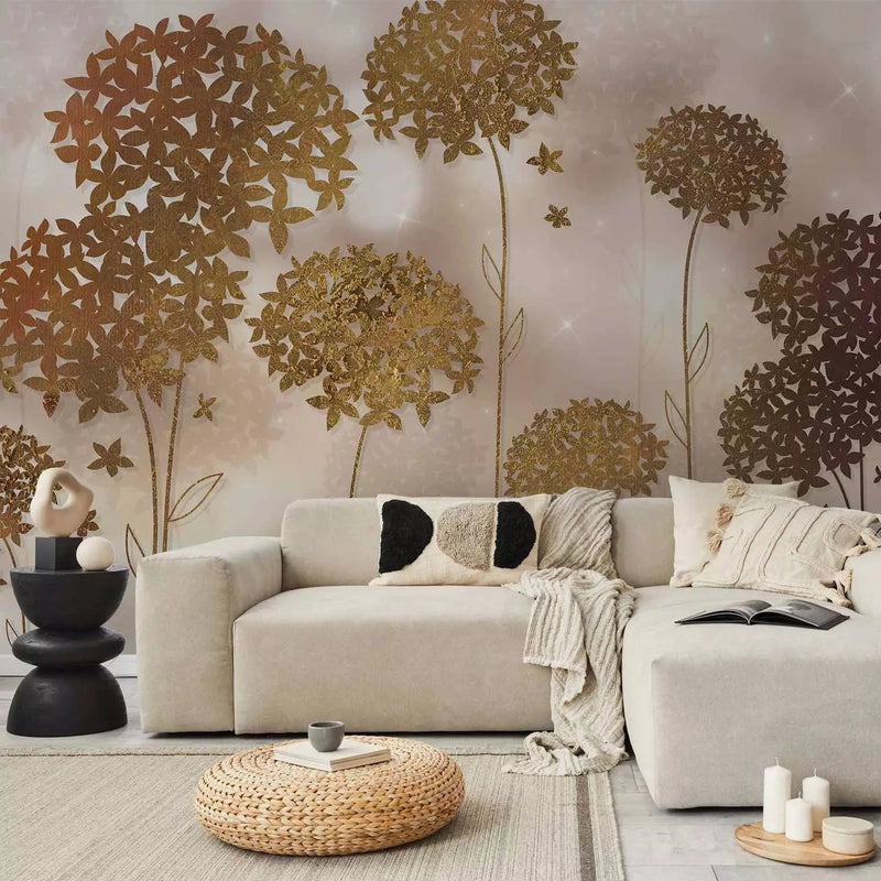 Wall Murals with stylized gold flowers in the bedroom interior G-ART