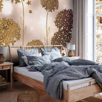 Wall Murals with stylized gold flowers in the bedroom interior G-ART