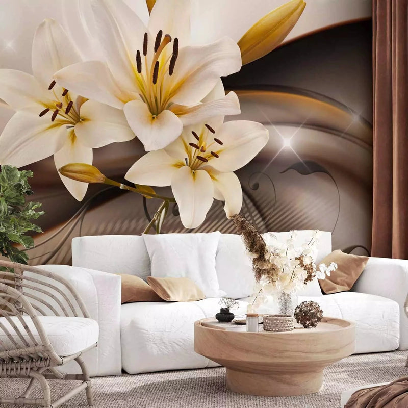 Wall Murals - nature composition with a soft gold background and 3D glitter G-ART