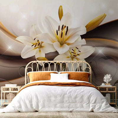 Wall Murals - nature composition with a soft gold background and 3D glitter G-ART