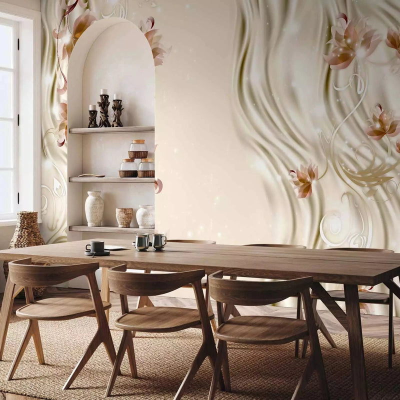 Wall Murals with abstract floral motifs in ivory and pearl color G-ART