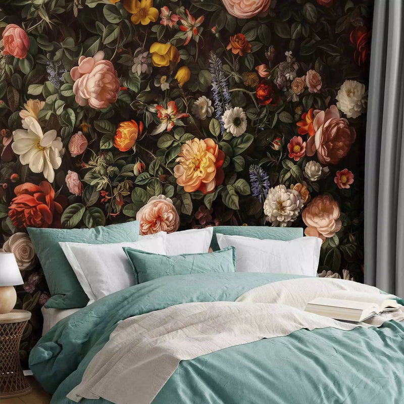 Wall Murals - rich composition of roses and other flowers on a dark background G-ART