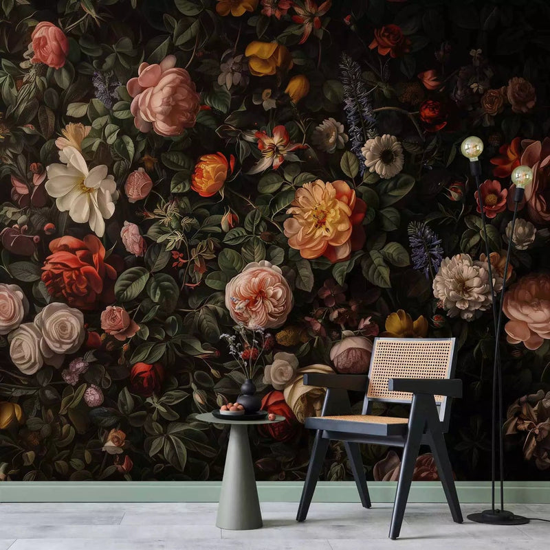 Wall Murals - rich composition of roses and other flowers on a dark background G-ART