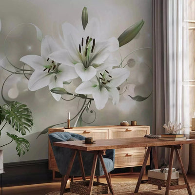 Wall Murals with flowers - Royal lilies in greenish-gray tones G-ART