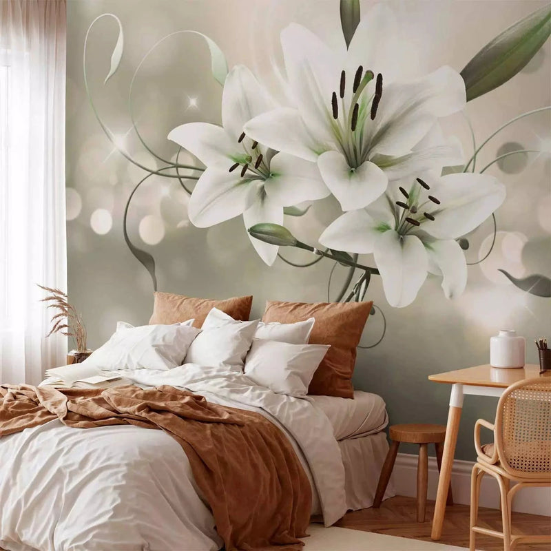 Wall Murals with flowers - Royal lilies in greenish-gray tones G-ART