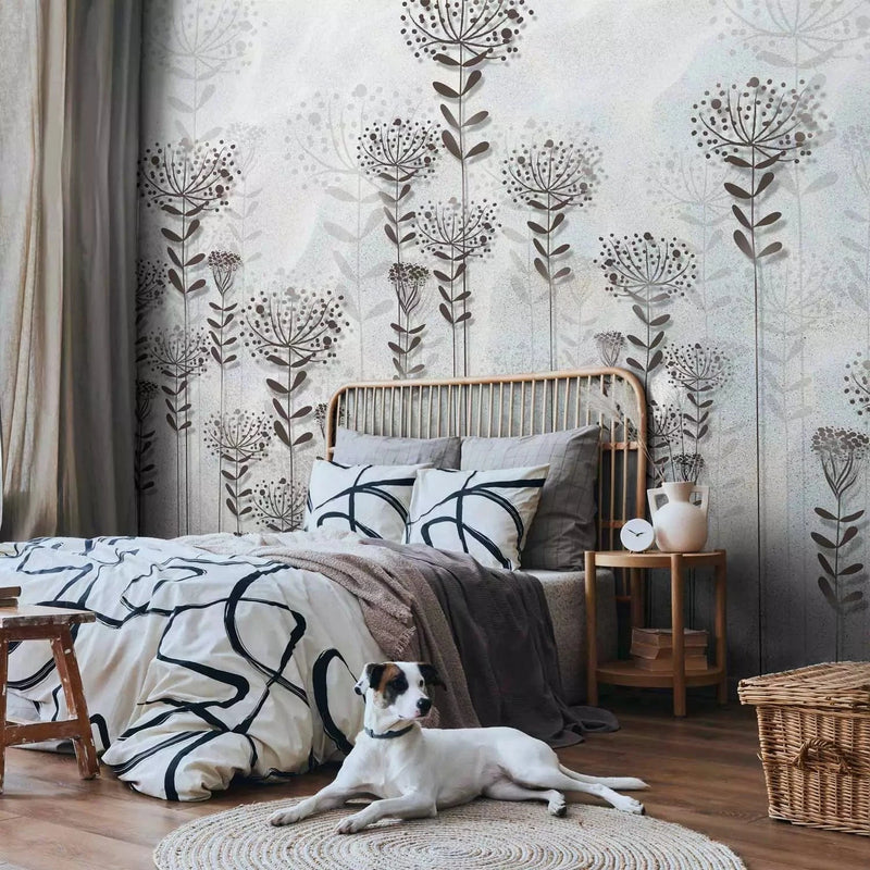 Wall Murals with stylized branches in shades of gray. Season: winter G-ART