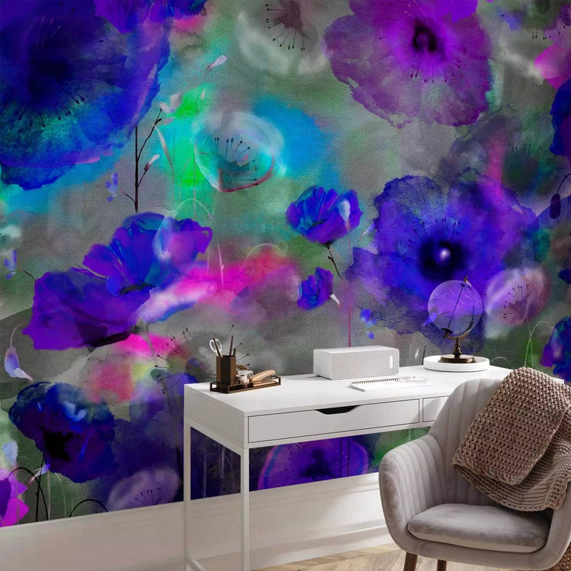 Wall Murals - blue, purple poppies drawn with water color, 64402g-art