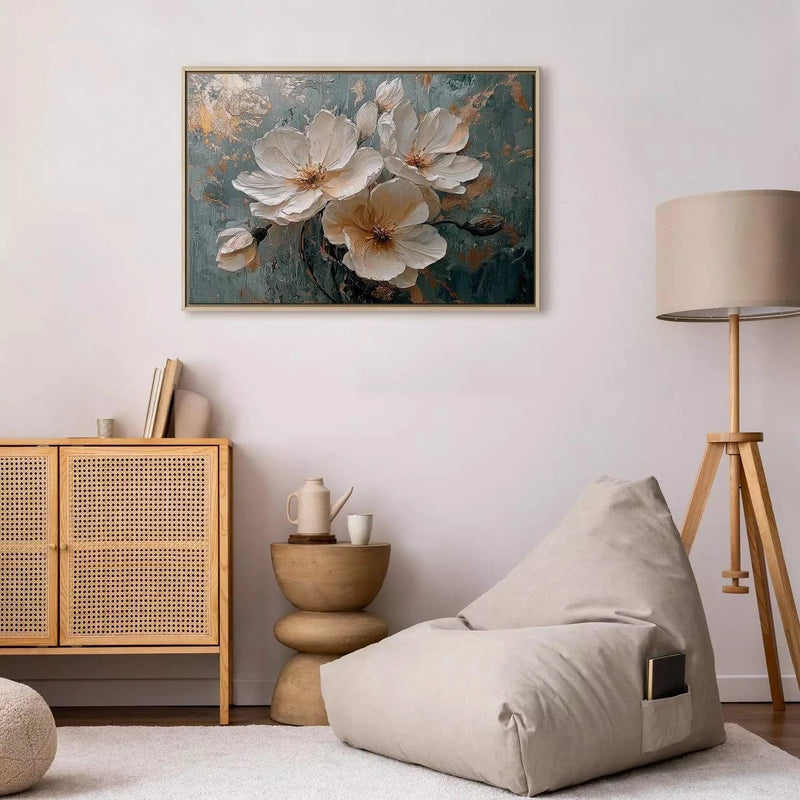 Painting in a wooden frame (natural color) - white flowers on a blue and gold background G ART