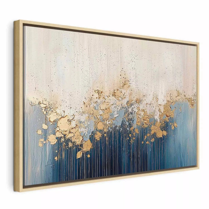 Painting in a wooden frame (natural color) - gold abstraction on a blue background G ART