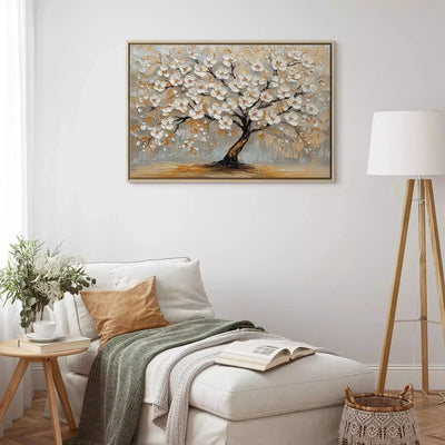 Painting in a wooden frame (natural color) - beautiful tree with white flowers G ART