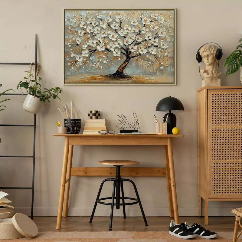 Painting in a wooden frame (natural color) - beautiful tree with white flowers G ART