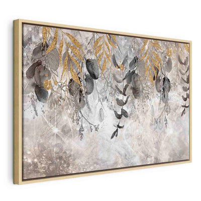 Glezna koka rāmī - Pelēkas un zelta lapas uz pelēka fona G ART
