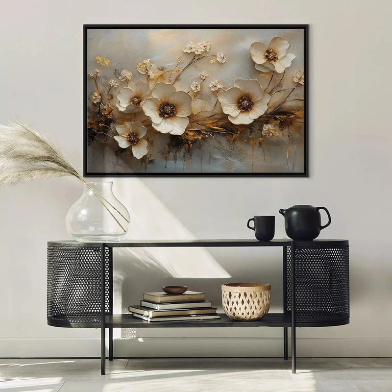 Painting in a black wooden frame with delicate white flowers - 161993 G ART