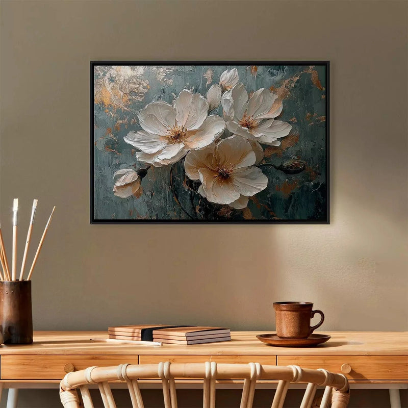 Painting in a black wooden frame - white flowers on a blue and gold background - 162002 G ART