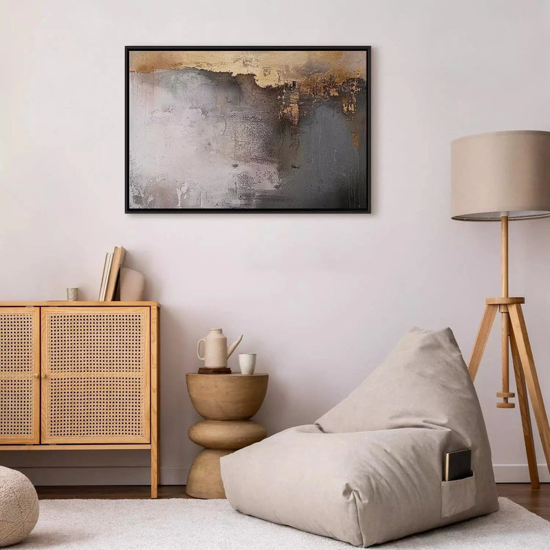 Painting in a black wooden frame - Metallic wall - gold accents on gray G ART