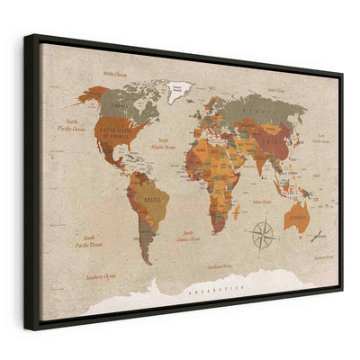 Картина в черной деревянной раме - Карта мира: Бежевый шик G ART