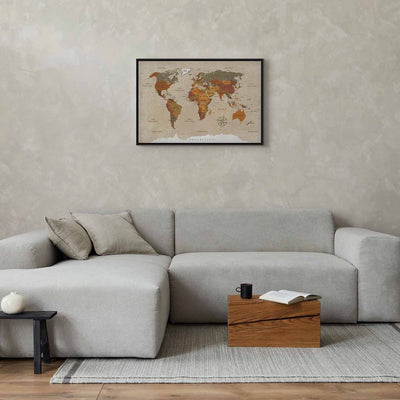Painting in a black wooden frame - World map: Beige chic G ART