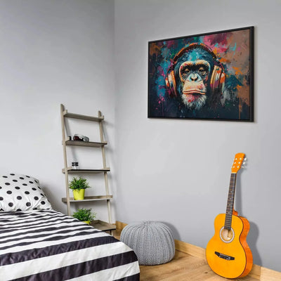 Painting in a black wooden frame - street art painting depicting a chimpanzee G ART