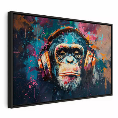 Painting in a black wooden frame - street art painting depicting a chimpanzee G ART