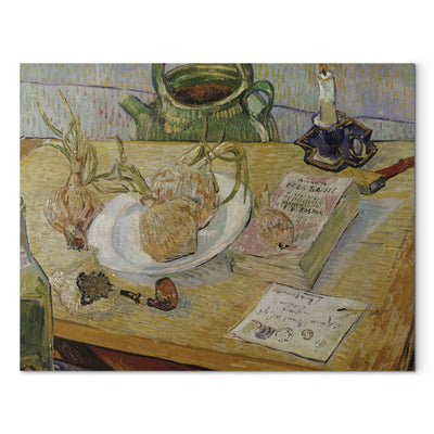 Tapybos reprodukcija (Vincentas Van Gogas) - natiurmortas su piešimo lenta, vamzdžiais, svogūnais ir antspaudu G menas