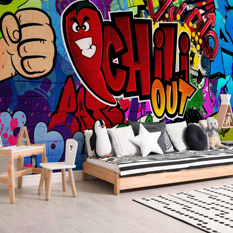 Graffiti Wall Murals with colored inscriptions in English and chili g-art