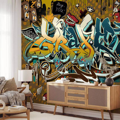 Photo wallpapers with colorful texts and drawings in street art style g-art