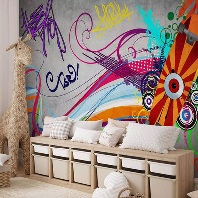 Graffiti Wall Murals - Drawing with colorful stripes on a gray background G-art