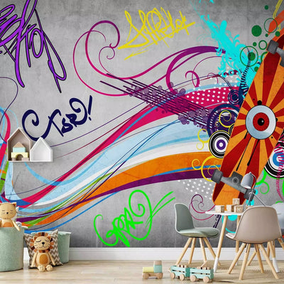 Graffiti Wall Murals - drawing with coloured stripes on grey background G-ART