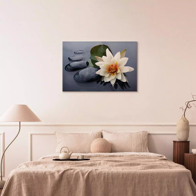 Painting - White water lily and stones on grey background, 162552 G-ART