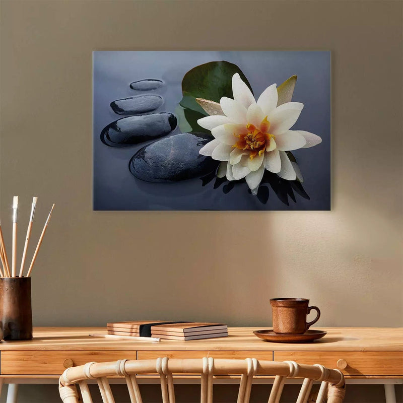 Painting - White water lily and stones on grey background, 162552 G-ART