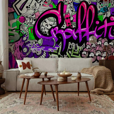 Wall Murals - graffiti on a colored background on a white brick wall G-art