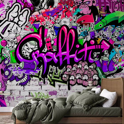 Wall Murals - graffiti on a colored background on a white brick wall G-art