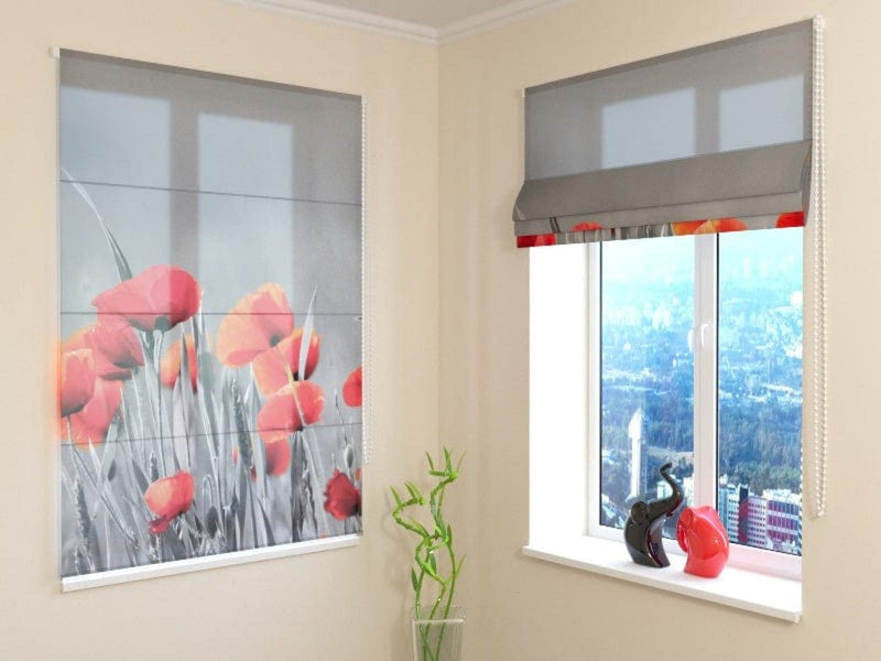 Roman blinds with apruku - Red poppies on grey background Tapetenshop.lv