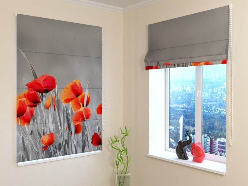 Roman blinds with apruku - Red poppies on grey background Tapetenshop.lv