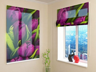 Roman blinds with print - Violet tulips - buy at Tapetenshop.lv