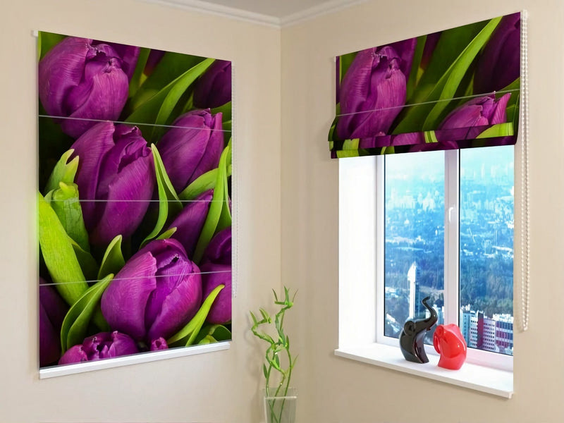 Roman blinds with print - Violet tulips - buy at Tapetenshop.lv